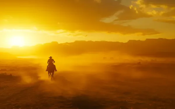 A cowboy rides a horse through a dusty landscape during the golden hour, with vibrant sunset hues illuminating the scene, capturing a moment of serene adventure.