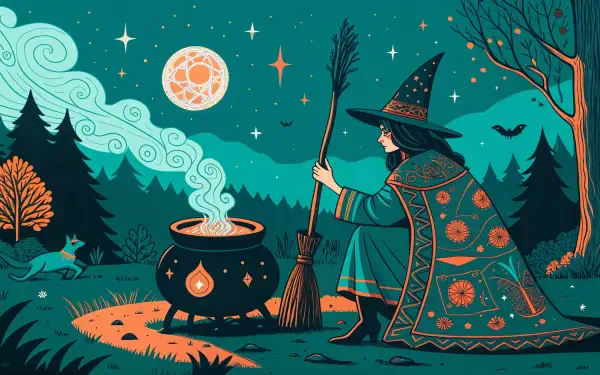 A whimsical witch in a colorful cloak stirs a cauldron under a starry night sky, surrounded by trees and a curious fox, capturing the essence of witchcore in a vibrant 4K Ultra HD wallpaper.