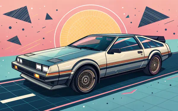 A stylized retro car against a vibrant background of geometric shapes and a sun, presented as a 4K Ultra HD PC desktop wallpaper and background.
