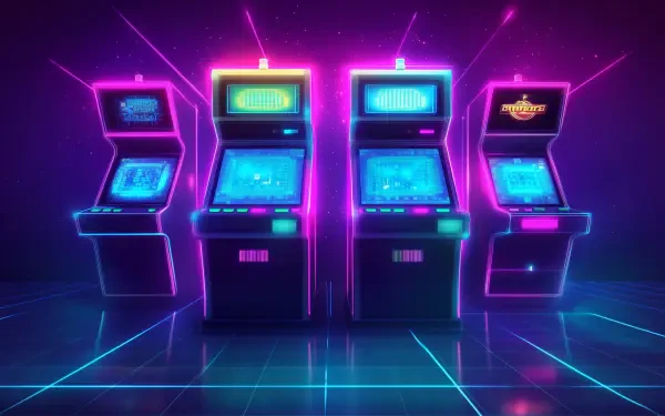A vibrant HD desktop wallpaper featuring retro arcade machines in a neon glow, capturing the essence of 1980s style and retrowave aesthetics.