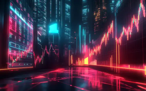 A futuristic stock market scene with vibrant light displays, featuring towering digital graphs and a sleek, reflective surface, serves as an HD desktop wallpaper and background.