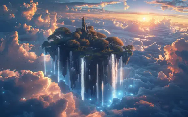 A stunning HD desktop wallpaper depicting a floating island amidst vibrant clouds and a colorful sky, featuring waterfalls cascading into the sea of clouds below.