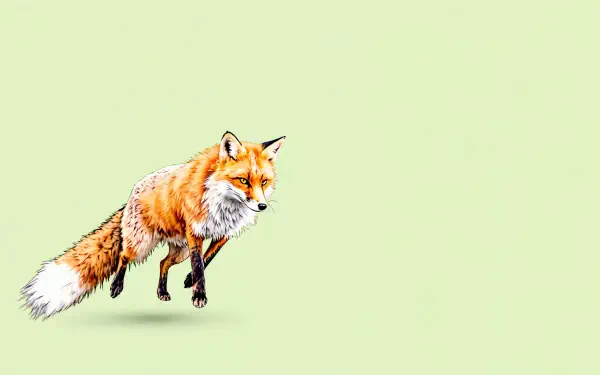 A vibrant illustration of a fox leaping against a soft green background, designed as a 4K Ultra HD PC desktop wallpaper and background.