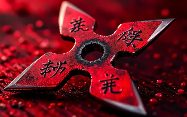 Close-up of a red shuriken with intricate markings, set against a dark, textured background. This 4K Ultra HD wallpaper showcases the striking details of the ninja star.