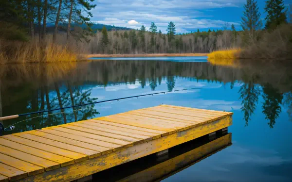 A serene, secluded fishing spot featuring a wooden dock by a tranquil lake, surrounded by lush trees and reflecting clouds in the clear water. Captured in vibrant 4K Ultra HD.