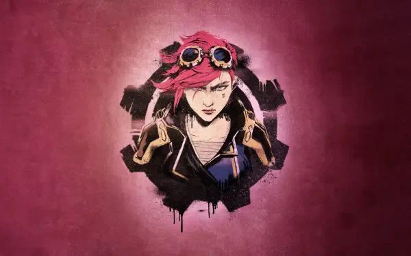 Arcane-themed 4K Ultra HD PC desktop wallpaper featuring a close-up of a character with red hair and goggles against a textured pink background.