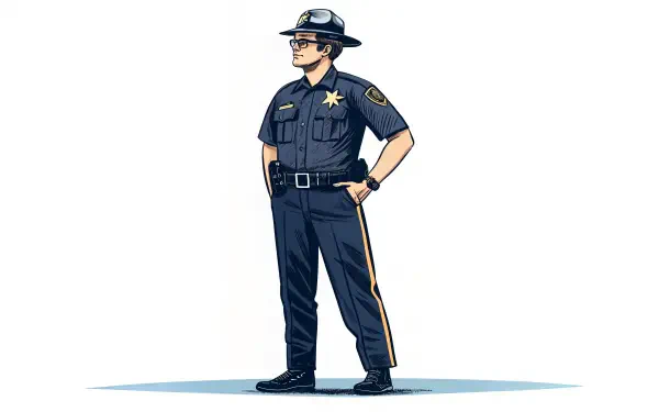 A confident police officer stands with hands on hips, wearing a uniform and hat, set against a clean backdrop, showcasing a 4K Ultra HD design for PC desktop wallpaper.