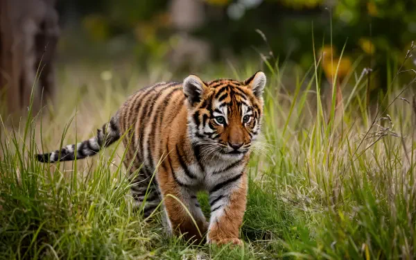 A vibrant tiger cub walks through lush green grass, showcasing its striking orange and black stripes. This image serves as a stunning 4K Ultra HD desktop wallpaper.