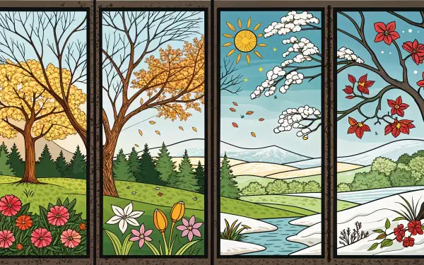 A vibrant 4K Ultra HD wallpaper showcasing the four seasons, featuring autumn leaves, blossoming flowers, winter snow, and spring greenery, set against a picturesque landscape.