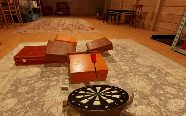 A vibrant HD wallpaper from the TrickShot Simulator video game, featuring a dartboard surrounded by wooden boxes on a patterned rug in a cozy indoor setting.