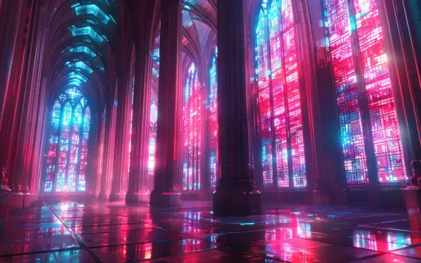 A stunning futuristic cathedral interior featuring vibrant neon stained glass windows, casting colorful reflections on polished floors, perfect for a HD PC desktop wallpaper.