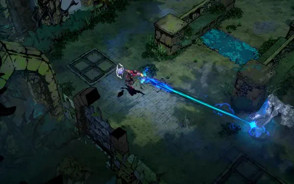 A dynamic HD wallpaper from the video game Sworn, featuring a character wielding energy projectiles in a vibrant, atmospheric environment filled with ruins and foliage.