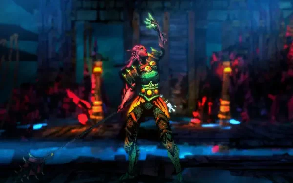 A vibrant HD desktop wallpaper featuring a character from the video game Sworn, set against a dynamic, colorful background of stylized ruins and glowing elements.