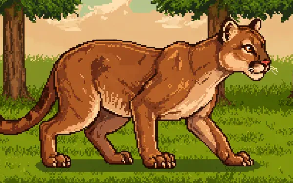 A stylized cougar walks through a lush green landscape, featuring trees and a serene background, captured in vibrant detail as a 4K Ultra HD PC desktop wallpaper.