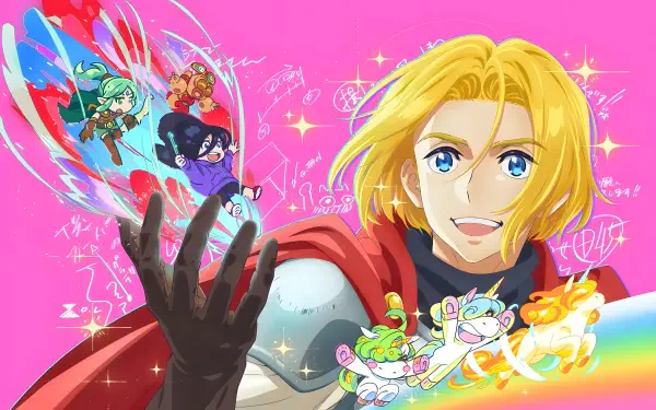 Anime-style 4K Ultra HD desktop wallpaper by Zenshu featuring a blonde character with outstretched hand summoning vibrant magical creatures against a bright pink background.