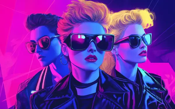 A vibrant 90s-inspired illustration featuring three figures wearing stylish sunglasses, adorned in leather jackets, set against a neon-lit background, perfect as a retro 4K Ultra HD wallpaper.