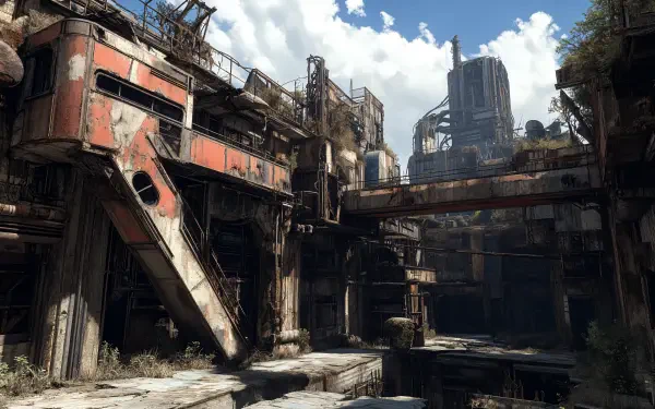 A detailed post-apocalyptic cityscape, showcasing dilapidated buildings and overgrown structures under a cloudy sky, designed as a stunning 4K Ultra HD desktop wallpaper.
