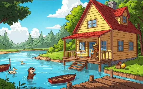 A charming lake house by a serene blue lake, featuring a dock, a woman relaxing on the porch, and playful wildlife, set against a backdrop of lush greenery and bright skies.