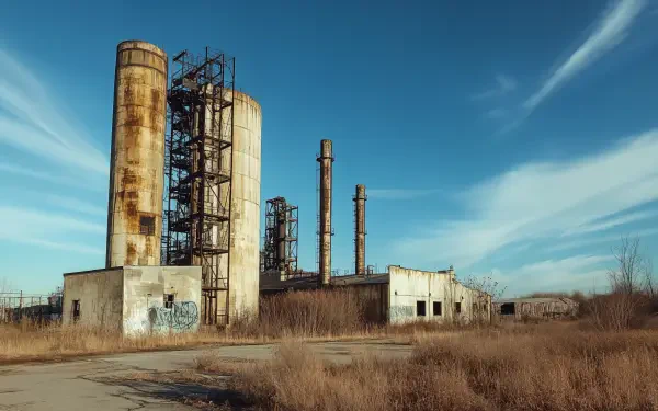 An abandoned factory with rusty silos and smokestacks, surrounded by overgrown grass, under a clear blue sky. A striking 4K Ultra HD desktop wallpaper and background.