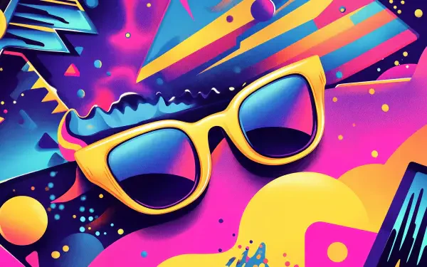 Vibrant retro 80s artwork featuring stylish yellow sunglasses against a colorful, abstract background, perfect as a 4K Ultra HD desktop wallpaper.