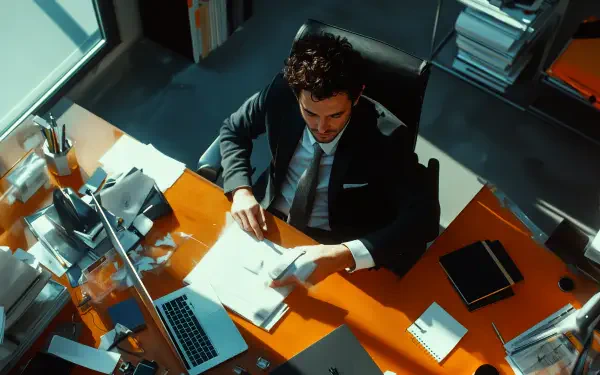 A man sits at a cluttered desk in a modern office, engaged in paperwork, surrounded by a laptop and various documents, capturing the essence of a 9 to 5 job in this 4K Ultra HD wallpaper.