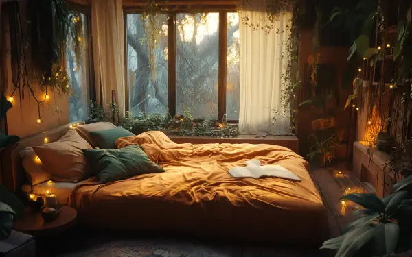 A cozy aesthetic bedroom featuring a warm, mustard-colored bedspread, surrounded by lush greenery and soft lighting, captured in stunning 4K Ultra HD for a serene ambiance.