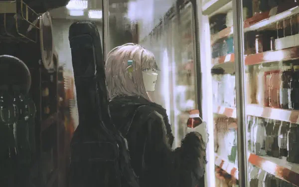 4K Ultra HD anime wallpaper featuring Hitori Gotou from Bocchi the Rock! standing in front of a vending machine with her guitar case on her back.