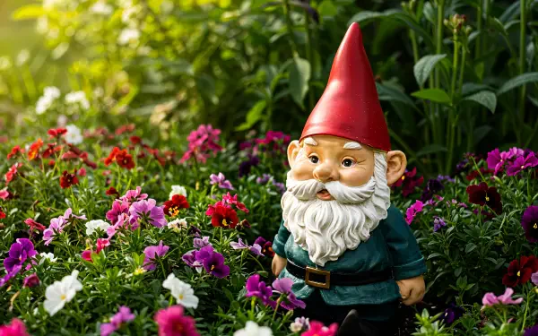 A cheerful garden gnome stands amidst vibrant flowers, capturing a whimsical outdoor scene. This image serves as a stunning 4K Ultra HD desktop wallpaper and background.