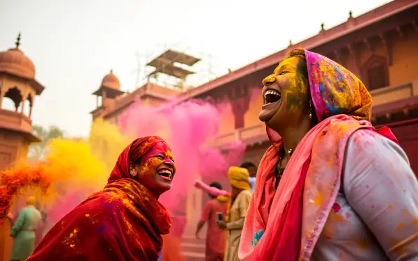 Vibrant Holi celebration featuring two joyful women covered in colorful powders, laughing amidst a backdrop of swirling pink and yellow hues. 4K Ultra HD desktop wallpaper.