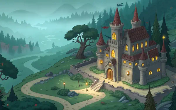 A whimsical enchanted castle surrounded by lush forests and mountains, illuminated by glowing windows. This 4K Ultra HD image serves as an enchanting desktop wallpaper and background.