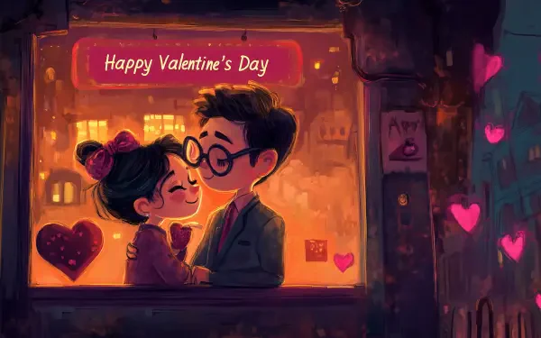 A charming HD desktop wallpaper featuring a couple sharing a sweet moment, surrounded by hearts and warm lights, with Happy Valentine's Day displayed above them.