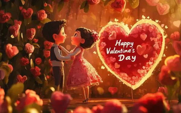 A charming illustration of a couple sharing a tender moment surrounded by roses, with a glowing heart that reads Happy Valentine's Day, perfect for a romantic desktop wallpaper.