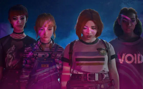 A vivid HD wallpaper from the video game Lost Records: Bloom & Rage, featuring four characters in a stylized, atmospheric setting with dynamic lighting effects.