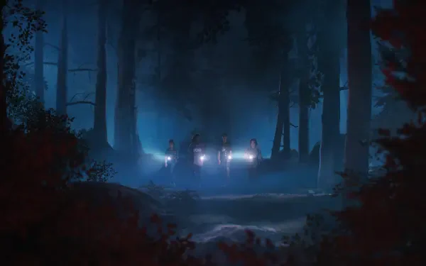 A moody HD wallpaper from the video game Lost Records: Bloom & Rage, featuring four figures in a dark forest illuminated by their flashlights, creating an atmosphere of mystery and intrigue.