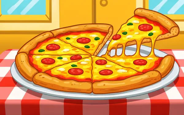A vibrant 4K Ultra HD desktop wallpaper featuring a delicious pizza with pepperoni and melted cheese, set on a checkered tablecloth in a cozy, inviting atmosphere.