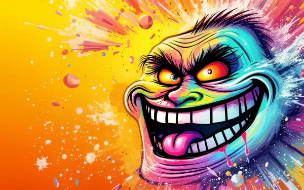 Colorful troll face illustration with exaggerated features and a playful expression, set against a vibrant, abstract background. 4K Ultra HD PC desktop wallpaper.