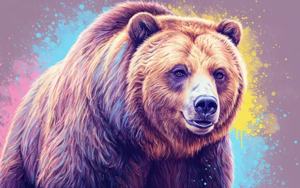 A vibrant 4K Ultra HD wallpaper featuring a detailed portrait of a grizzly bear, highlighted against a colorful background of splashes and patterns.