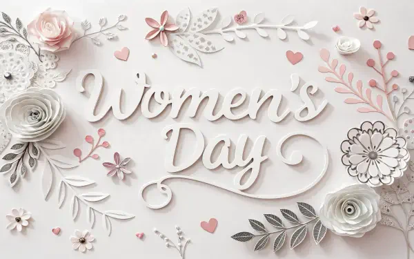 A beautiful 4K Ultra HD wallpaper celebrating Women's Day, featuring elegant floral designs and delicate lettering in soft pink and white tones.