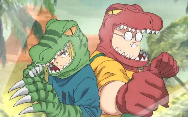 HD PC wallpaper of Sakamoto Days: Taro Sakamoto and Shin in red and green dinosaur hood costumes, back-to-back with claws out against a sunlit outdoor background.