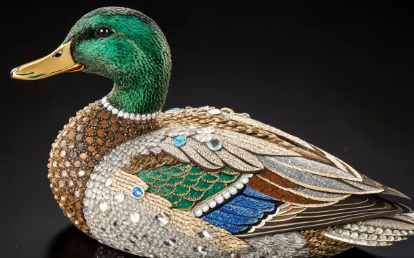 A beautifully crafted representation of a mallard, adorned with intricate details and vibrant colors, presented as a stunning 4K Ultra HD desktop wallpaper and background.