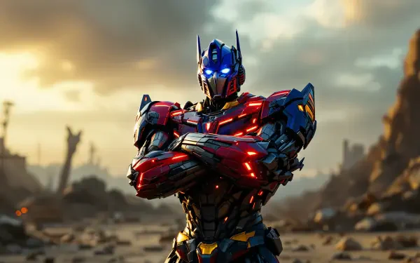 A striking Autobot stands confidently in a desolate landscape, illuminated by a dramatic sunset. This 4K Ultra HD image serves as an eye-catching desktop wallpaper.