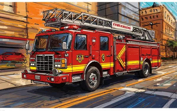 A vibrant 4K Ultra HD image of a red fire truck with a ladder parked on a city street, showcasing bold colors and dynamic urban scenery. Perfect for desktop wallpaper.