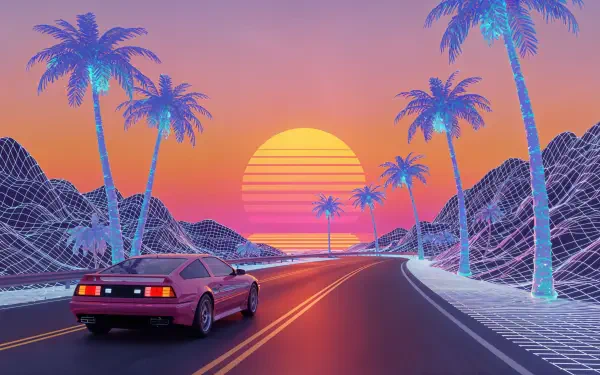 A vibrant 4K Ultra HD wallpaper featuring a retro car driving along a winding road, with neon palm trees and a stunning sunset in an Outrun-inspired landscape.