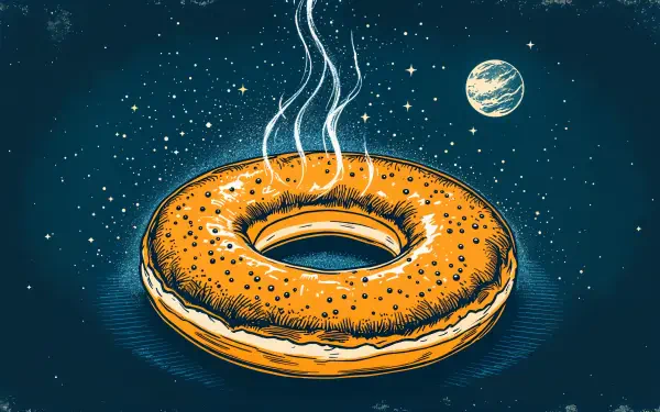 A colorful, illustrated bagel emits steam in a cosmic background, featuring stars and a distant planet, designed as a vibrant 4K Ultra HD PC desktop wallpaper.