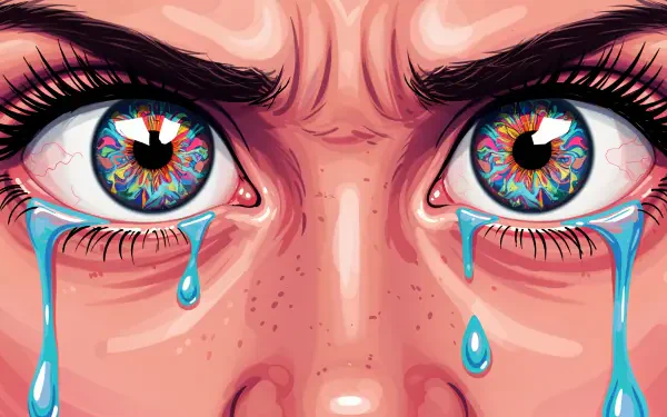 Close-up of intense, angry eyes with colorful irises and tears streaming down, creating a striking 4K Ultra HD PC desktop wallpaper and background.