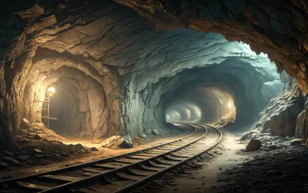 A mesmerizing underground scene featuring winding train tracks illuminated by soft light, showcasing the rugged texture of cave walls in a 4K Ultra HD desktop wallpaper.