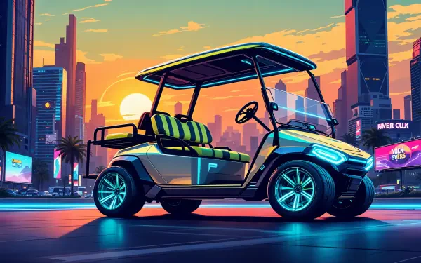 A vibrant golf cart stands in a futuristic cityscape at sunset, featuring neon colors and sleek design, serving as a striking 4K Ultra HD PC desktop wallpaper and background.