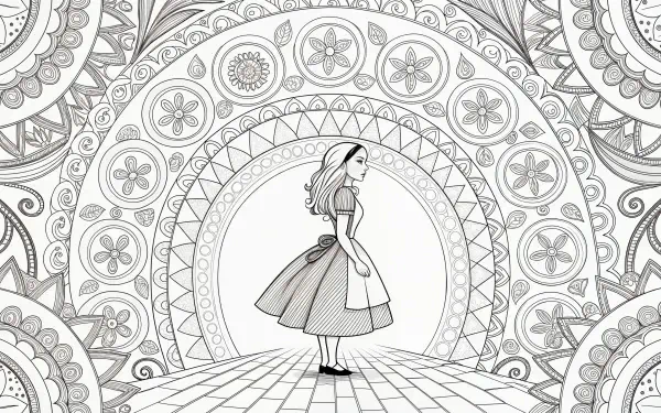 A 4K Ultra HD desktop wallpaper featuring Alice from Alice in Wonderland, standing in a whimsical, intricately patterned landscape with circular floral designs.