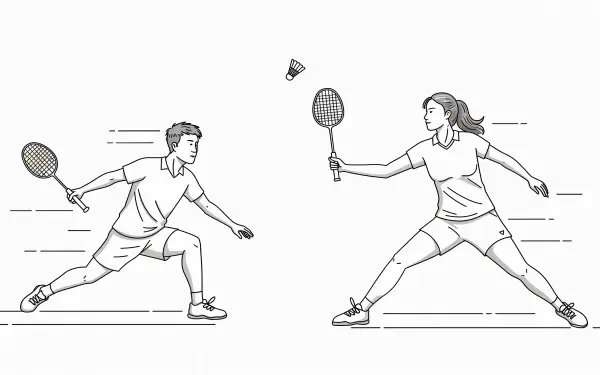 A dynamic badminton scene featuring a male and female player in motion, set against a minimalist background. This illustration serves as a 4K Ultra HD PC desktop wallpaper.