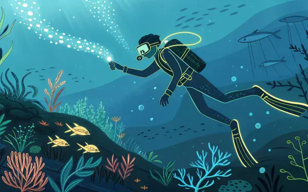A vibrant 4K Ultra HD wallpaper depicting a diver exploring an underwater scene, surrounded by colorful coral and fish, creating a serene aquatic atmosphere.
